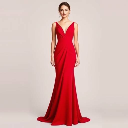 Elegante abito da sera rosso Bellissima Moda con scollo a V e drappeggio sofisticato.
