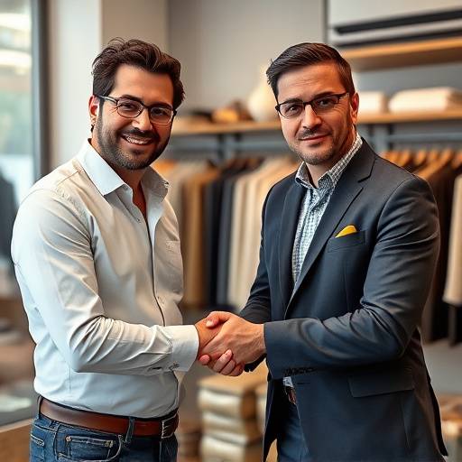 Ritratto di Lorenzo Bianchi, Responsabile Vendite di Bellissima Moda, stringendo la mano a un cliente in una boutique