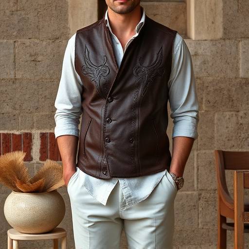 Un modello che indossa un gilet di pelle intagliata, una camicia di lino e pantaloni di cotone a Venezia