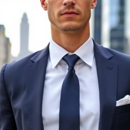 Un uomo che indossa un abito sartoriale blu navy con una camicia bianca e una cravatta di seta a righe