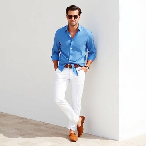 Un uomo che indossa una camicia di cotone azzurro con pantaloni bianchi e mocassini in pelle scamosciata a Portofino