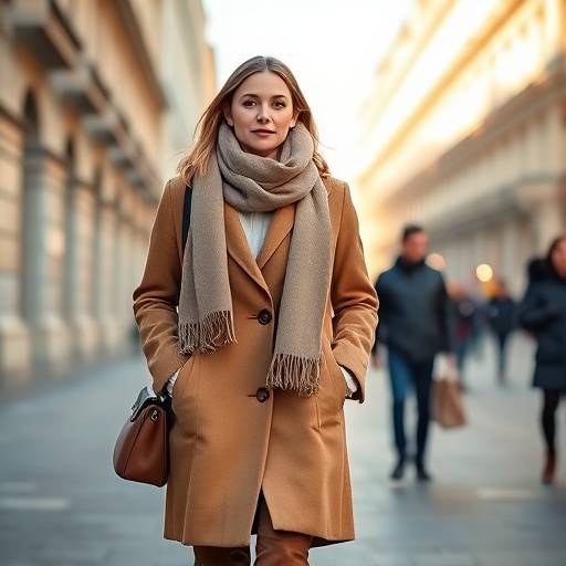 Una modella che indossa un cappotto di lana color cammello, una sciarpa di cashmere e stivali di pelle a Milano