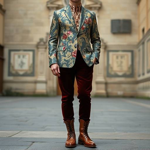 Una modella indossa una giacca di broccato floreale con pantaloni di velluto e stivali di pelle lavorata a Firenze